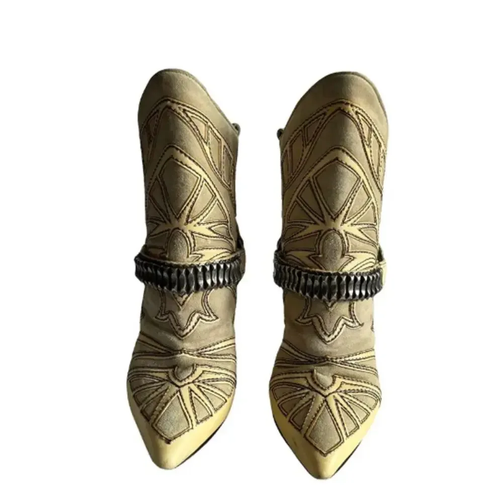 ISABEL MARANT Women's Blackson Ankle Western Boots Size 37 Beige Pointed Toe - Picture 2 of 9